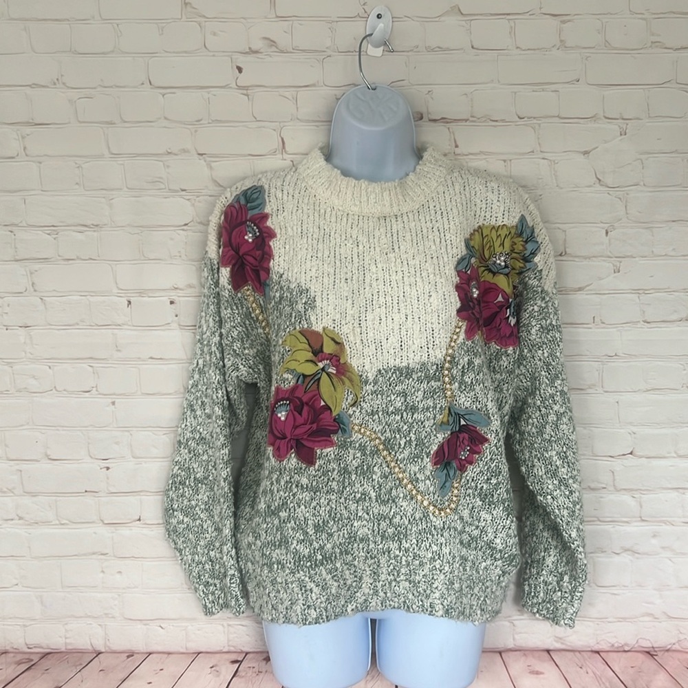 80’s GRANDMA CORE VTG  NEEDLES & YARD Ppatchwork floral knit sweater SZ large